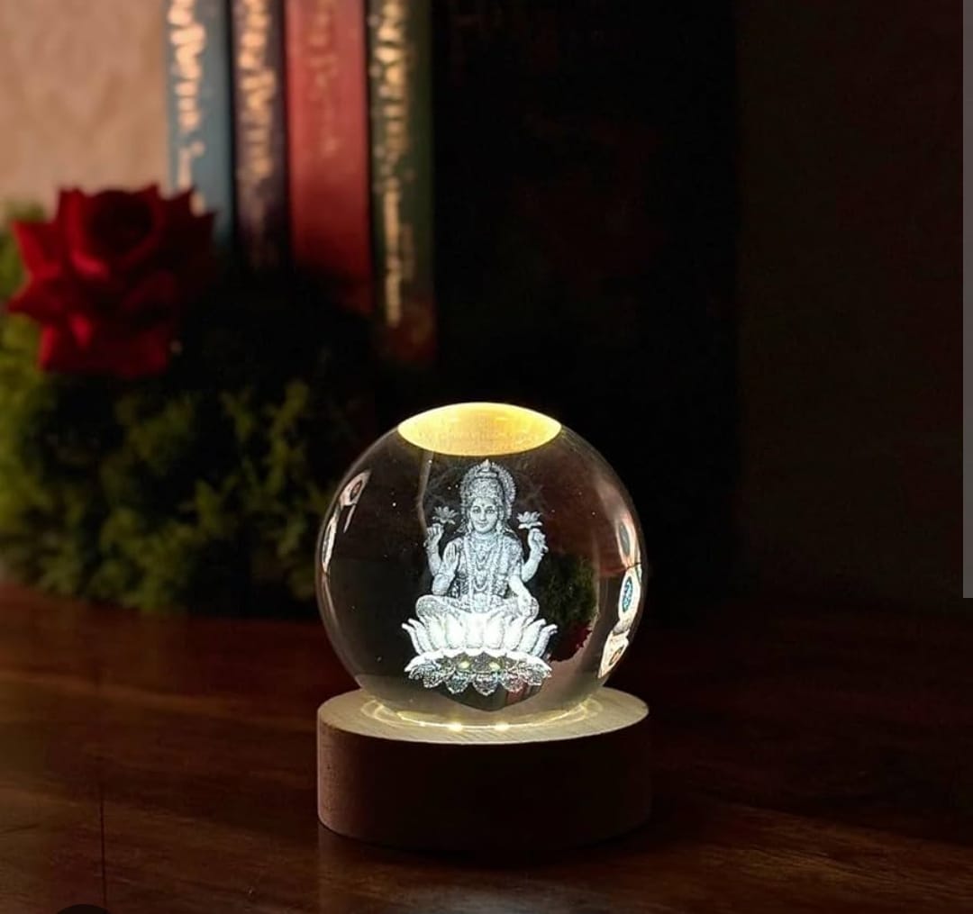 Crystal Ball Laxmi Ji Design – 3D LED Rotating Spiritual Showpiece